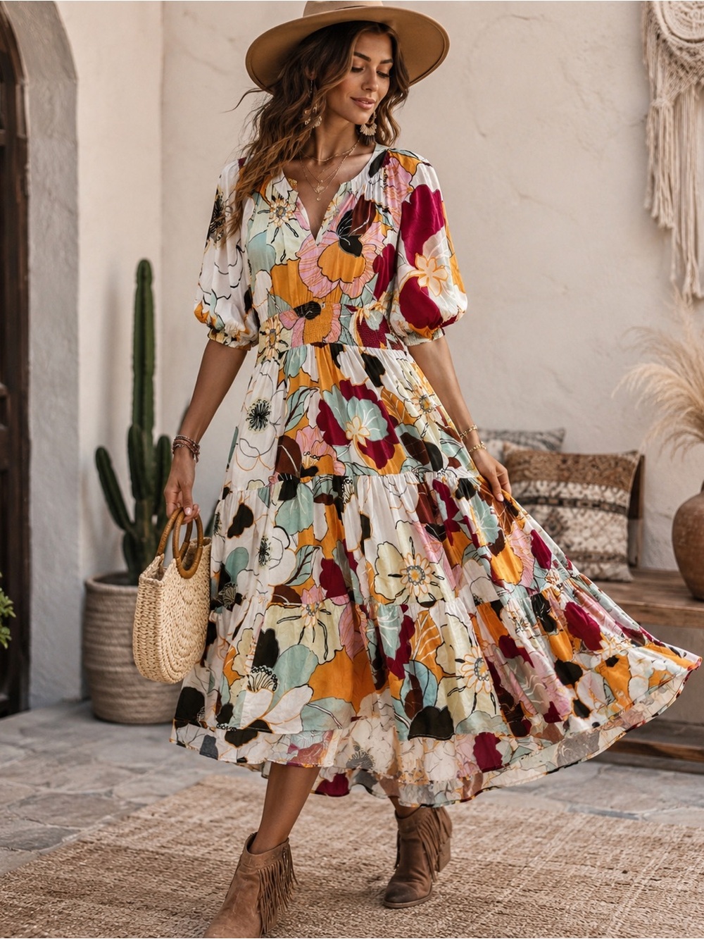 🌿 Bohemian Floral Midi Dress US 8 Medium | Cottagecore Prairie Dress